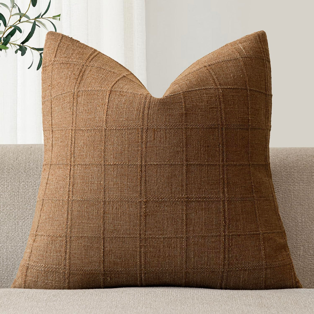 Foindtower Set of 1 Decorative Linen Check Throw Pillow Cover Neutral Farmhouse Lumbar Cushion Cover Modern Boho Home Decor for Sofa Chair Couch Bedroom Living Room,12×20 Inch,Olive Green
