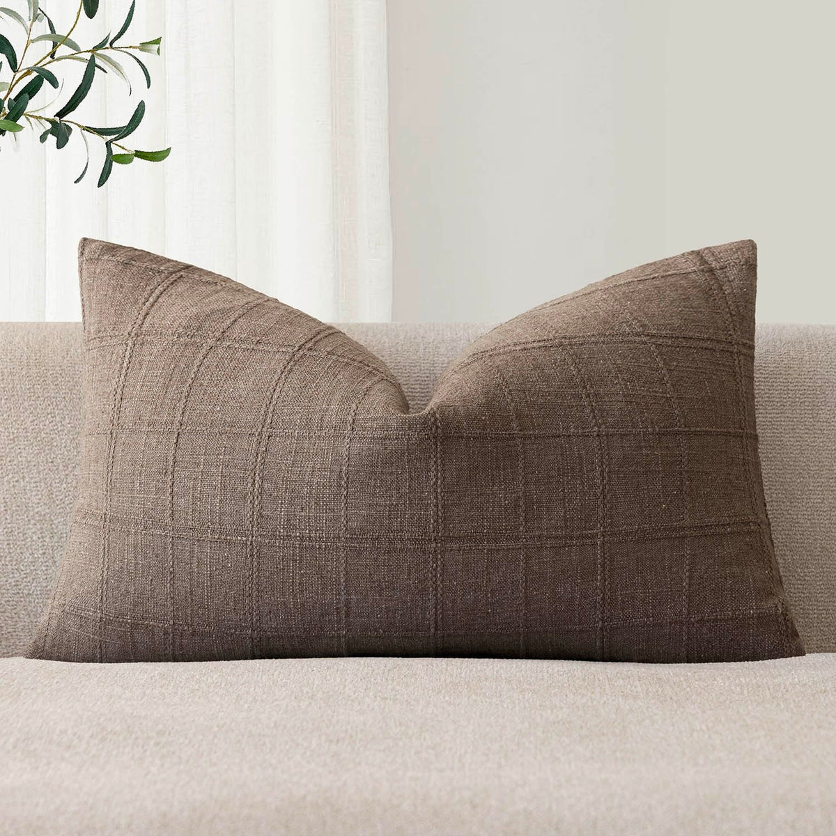 Foindtower Set of 1 Decorative Linen Check Throw Pillow Cover Neutral Farmhouse Lumbar Cushion Cover Modern Boho Home Decor for Sofa Chair Couch Bedroom Living Room,12×20 Inch,Olive Green