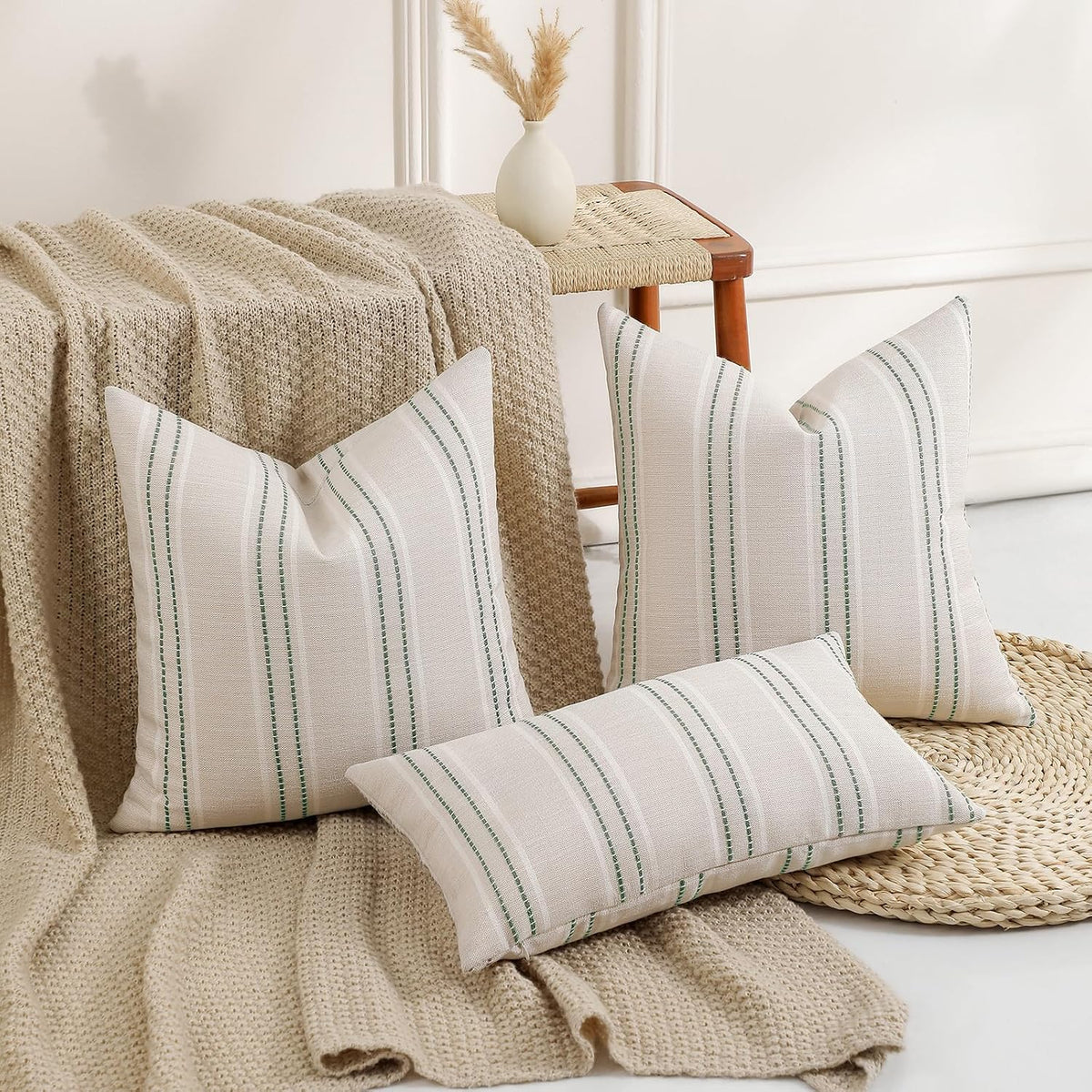 Hckot Sage Green Throw Pillow Covers 20x20 Set of 2 Striped Pillow Covers
