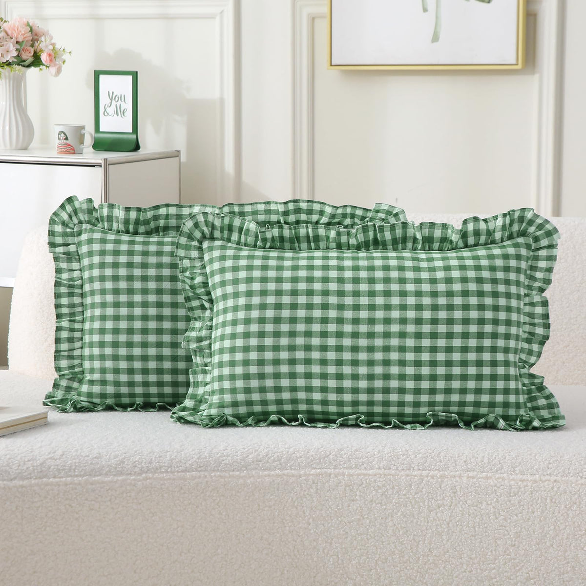 2 Pack Taupe White Gingham Ruffle Throw Pillow Covers 18''x18''