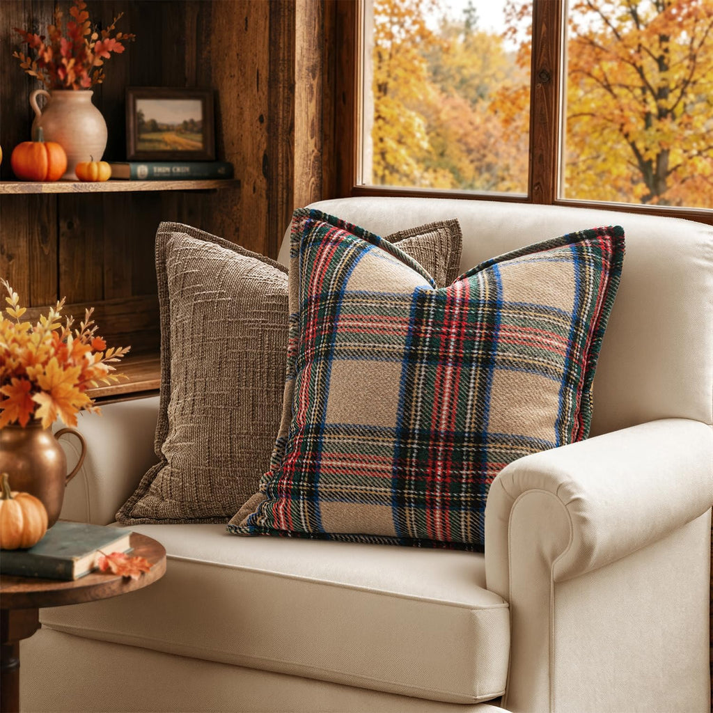 MIULEE Fall Plaid Pillow Covers 18x18 Khaki Fall Decorations for Home