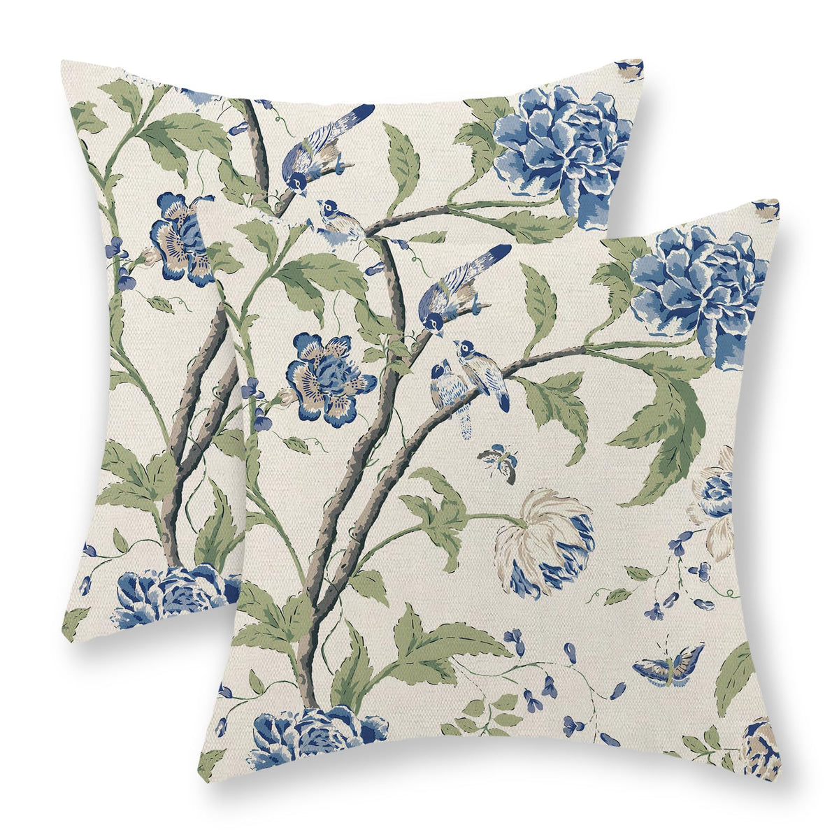 Sage Green Pillow Covers 18x18 Set of 2 Light Green Chinoiserie Bird Floral Throw Pillows Outdoor Decor Vintage Hummingbird Flower Pillow Cases Linen Decorative Cushion Cover for Couch Sofa