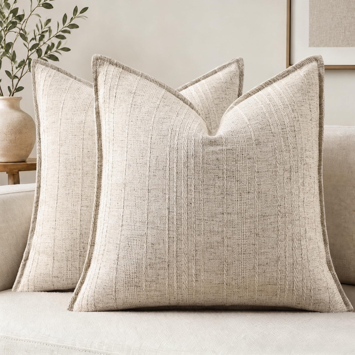 decorUhome Sage Green Textured Linen Throw Pillow Covers 18x18 Set of 2