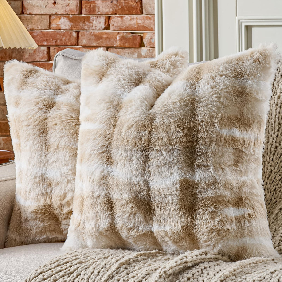AmHoo Pack of 2 Throw Pillow Covers 3D Dense Faux Rabbit Fur Cozy Super Soft Fuzzy Set Case Cushion for Couch Sofa Bedroom 18 x 18-Inch Cream White