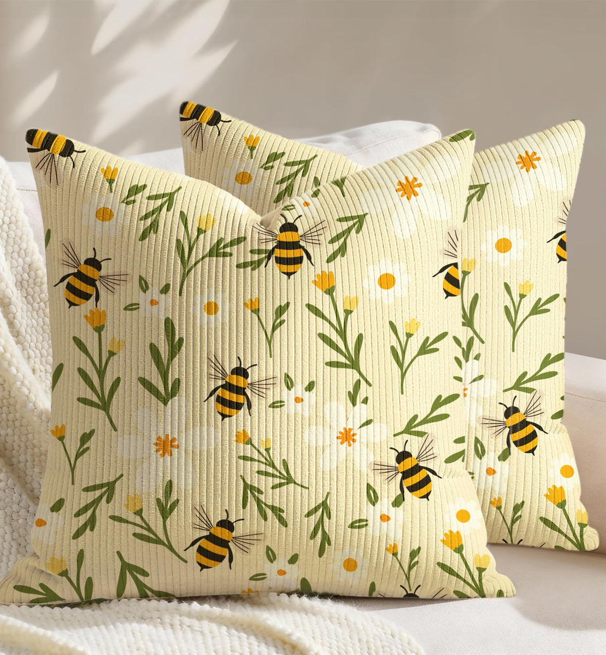 Corduroy Throw Pillow Covers 18x18 - Set of 2 Decorative Spring Pillow Covers with Zipper Farmhouse Decor Cottage Throw Pillowcases for Couch Sofa Living Room Home Bedroom, PK Floral