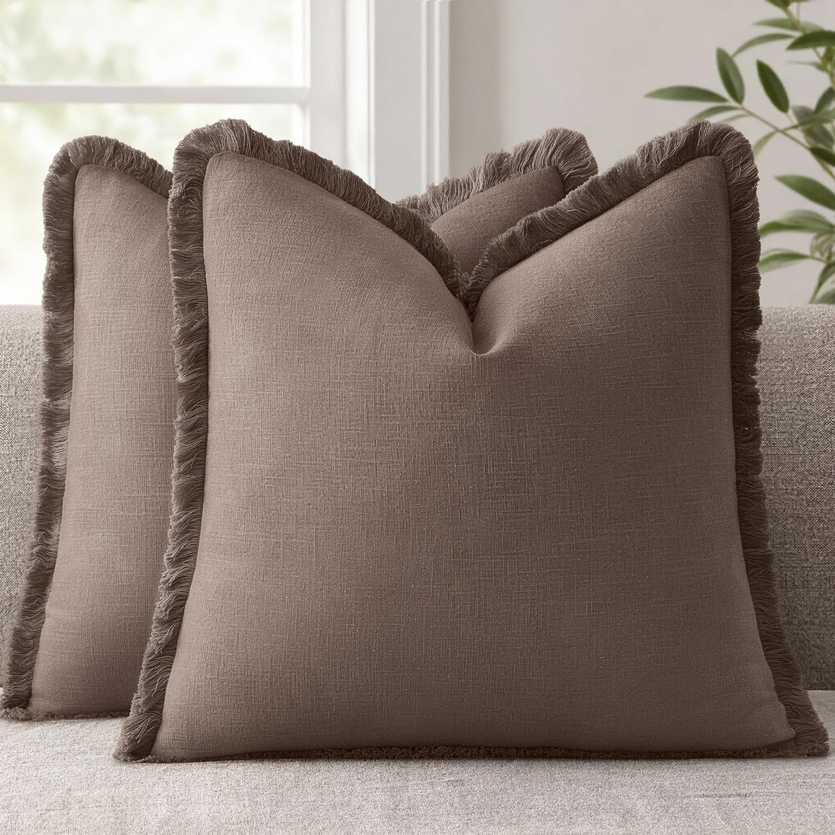 ANRODUO Decorative Linen Fringe Pillow Covers 18×18 Inch Sage Green 2 Pack