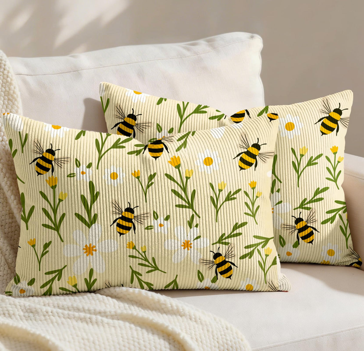 Corduroy Throw Pillow Covers 18x18 - Set of 2 Decorative Spring Pillow Covers with Zipper Farmhouse Decor Cottage Throw Pillowcases for Couch Sofa Living Room Home Bedroom, PK Floral