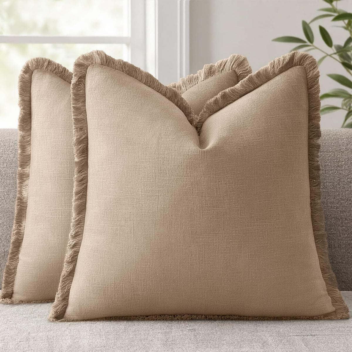 ANRODUO Decorative Linen Fringe Pillow Covers 18×18 Inch Sage Green 2 Pack