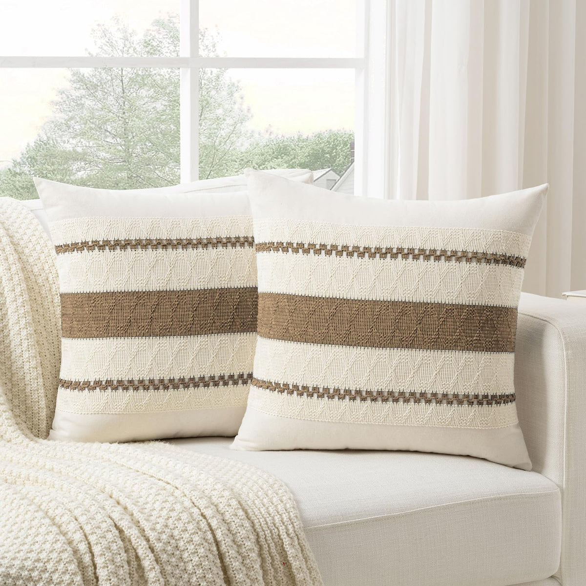 Fancy Homi Set of 2 Boho Olive Green Decorative Throw Pillow Cover 18x18 Inch for Couch Bed Sofa, Aesthetic Modern Organic Farmhouse Home Decor, Soft Cotton Cute Accent Macrame Woven Cushion Case