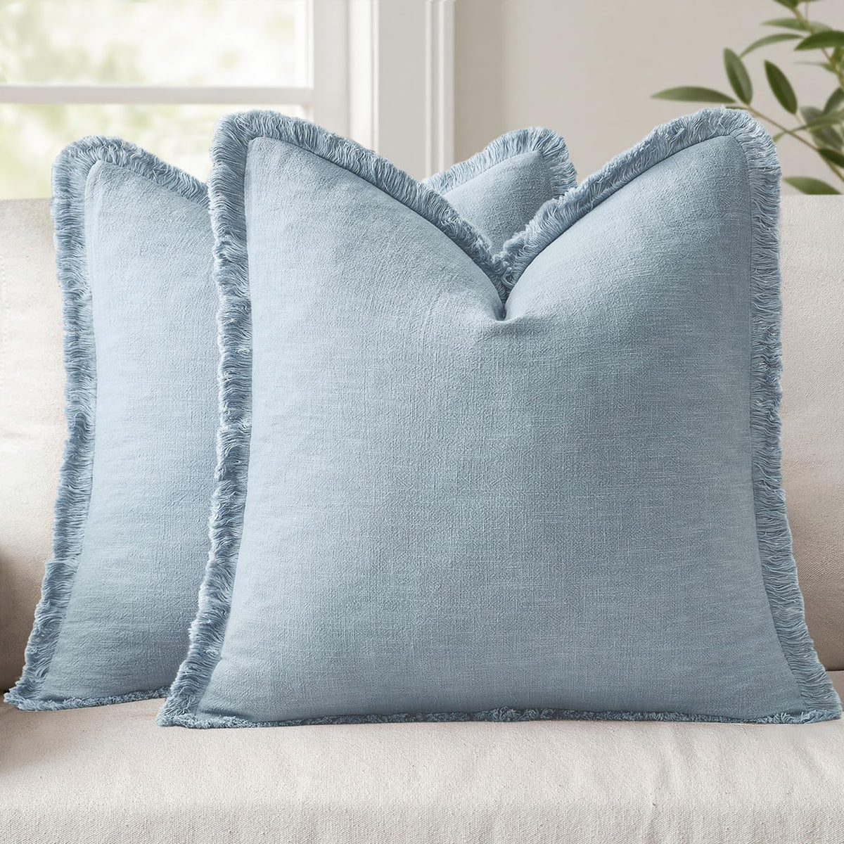 ANRODUO Decorative Linen Fringe Pillow Covers 18×18 Inch Sage Green 2 Pack