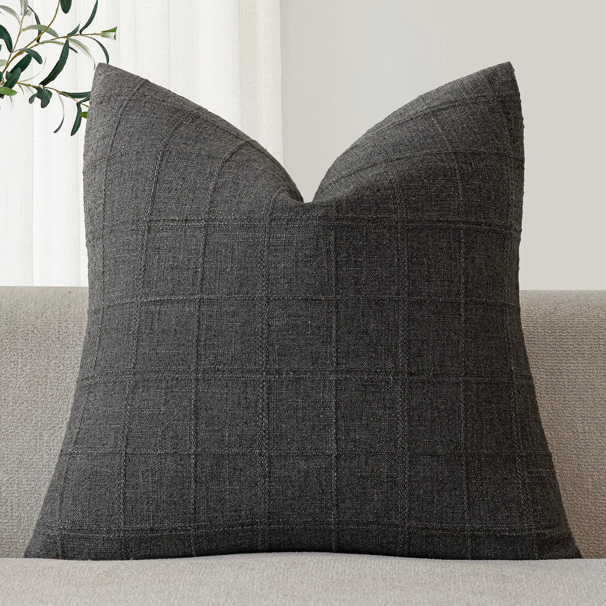 Foindtower Set of 1 Decorative Linen Check Throw Pillow Cover Neutral Farmhouse Lumbar Cushion Cover Modern Boho Home Decor for Sofa Chair Couch Bedroom Living Room,12×20 Inch,Olive Green