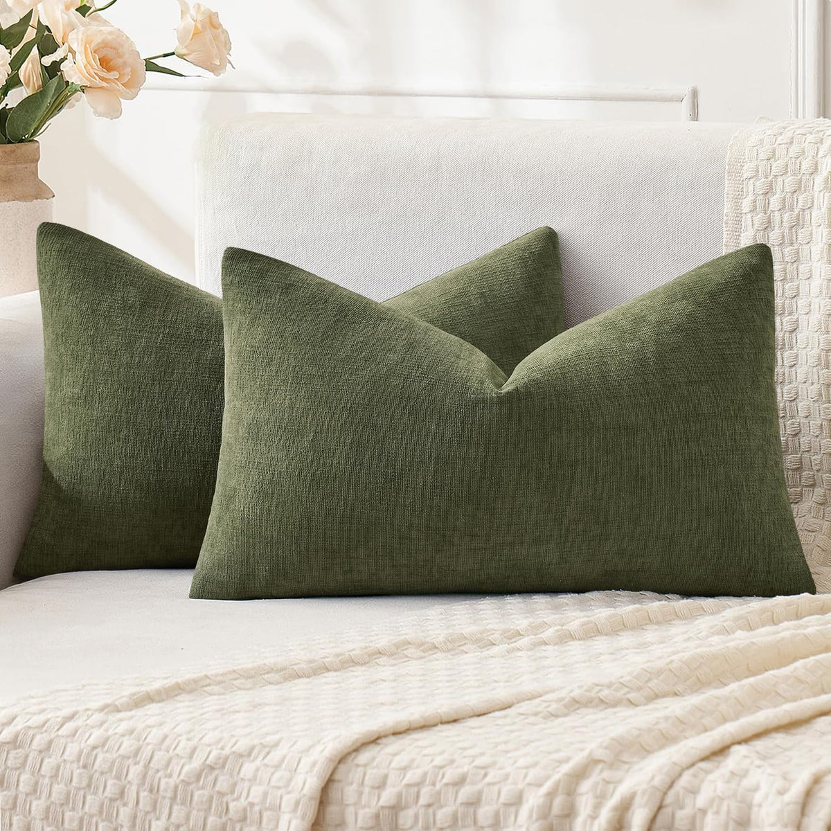 MIULEE Sage Green Chenille Couch Throw Pillow Covers, 18x18