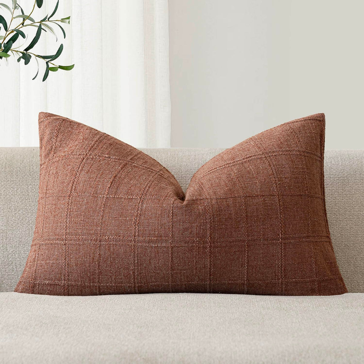 Foindtower Set of 1 Decorative Linen Check Throw Pillow Cover Neutral Farmhouse Lumbar Cushion Cover Modern Boho Home Decor for Sofa Chair Couch Bedroom Living Room,12×20 Inch,Olive Green