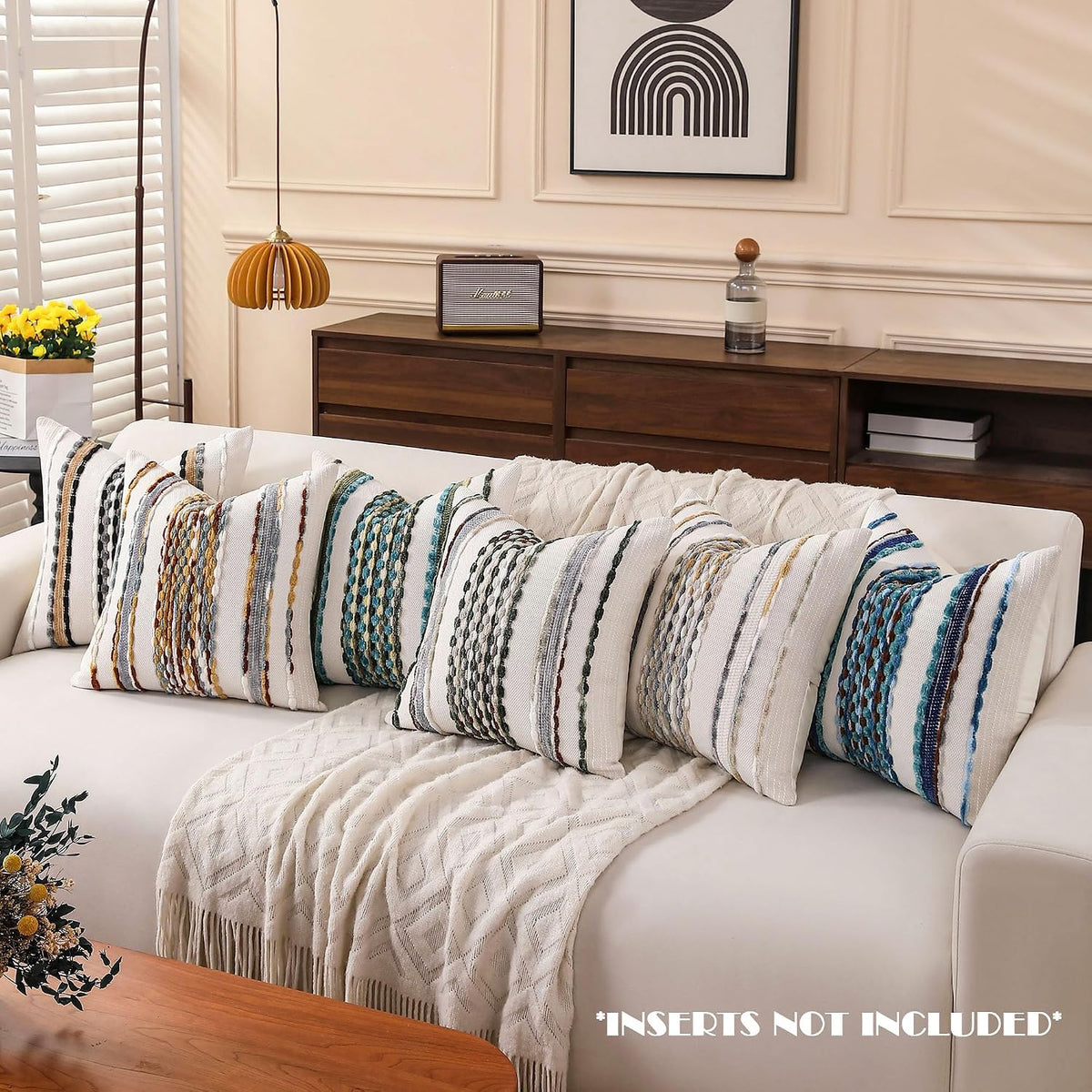 Boho Striped Throw Pillow Covers 18x18 Inch Set of 2 Farmhouse Square Decorative Pillow Covers Chenille Tufted Accent Neutral Pillowcase Grey Blue Cushion Cover for Living Room Couch Sofa Bed