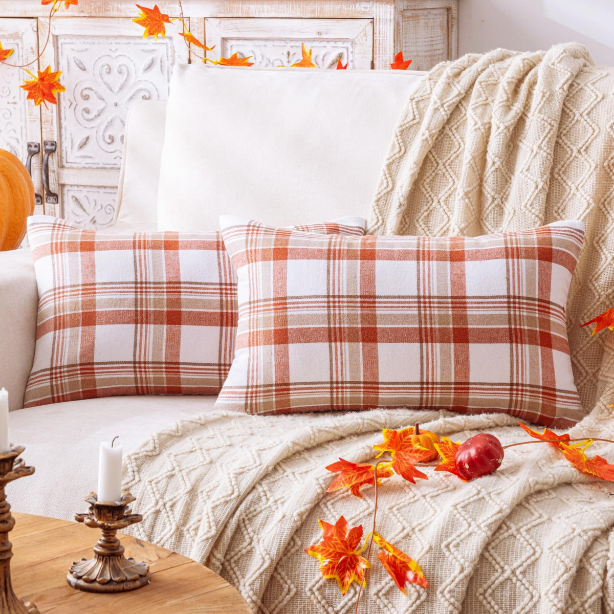 AQOTHES Fall Plaid Orange Throw Pillow Covers 18x18 Inch Set of 2