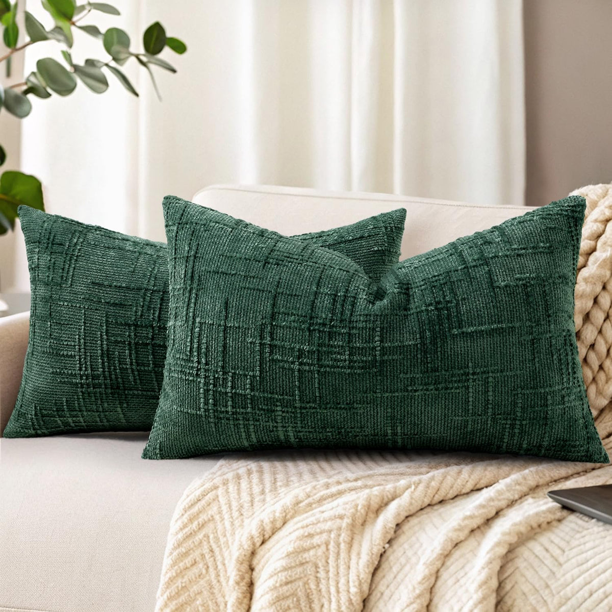 decorUhome Textured Chenille Throw Pillow Covers 18x18 Set of 2 Ivory