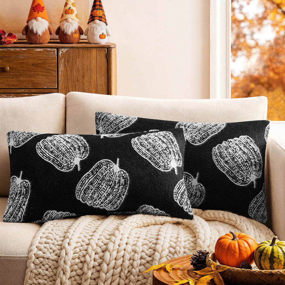 Throw Pillow Covers Set of 2 18x18 White Pumpkins Fall Camel Covers, Soft Faux Decorative Yellow Covers for Couch Sofa Bed Living Room, Farmhouse Home Boho Decor