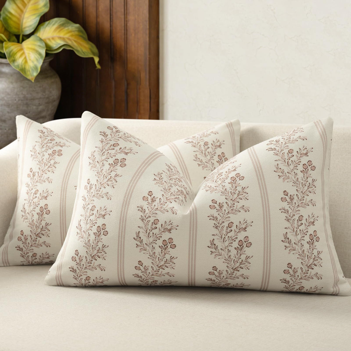 Vintage Throw Pillow Covers 20x20 Set of 2, Striped Floral Pillow Cover Botanical Patterned Decorative Cushion Covers Modern Farmhouse Home Decor for Sofa Couch Bed Living Room, Light Blue
