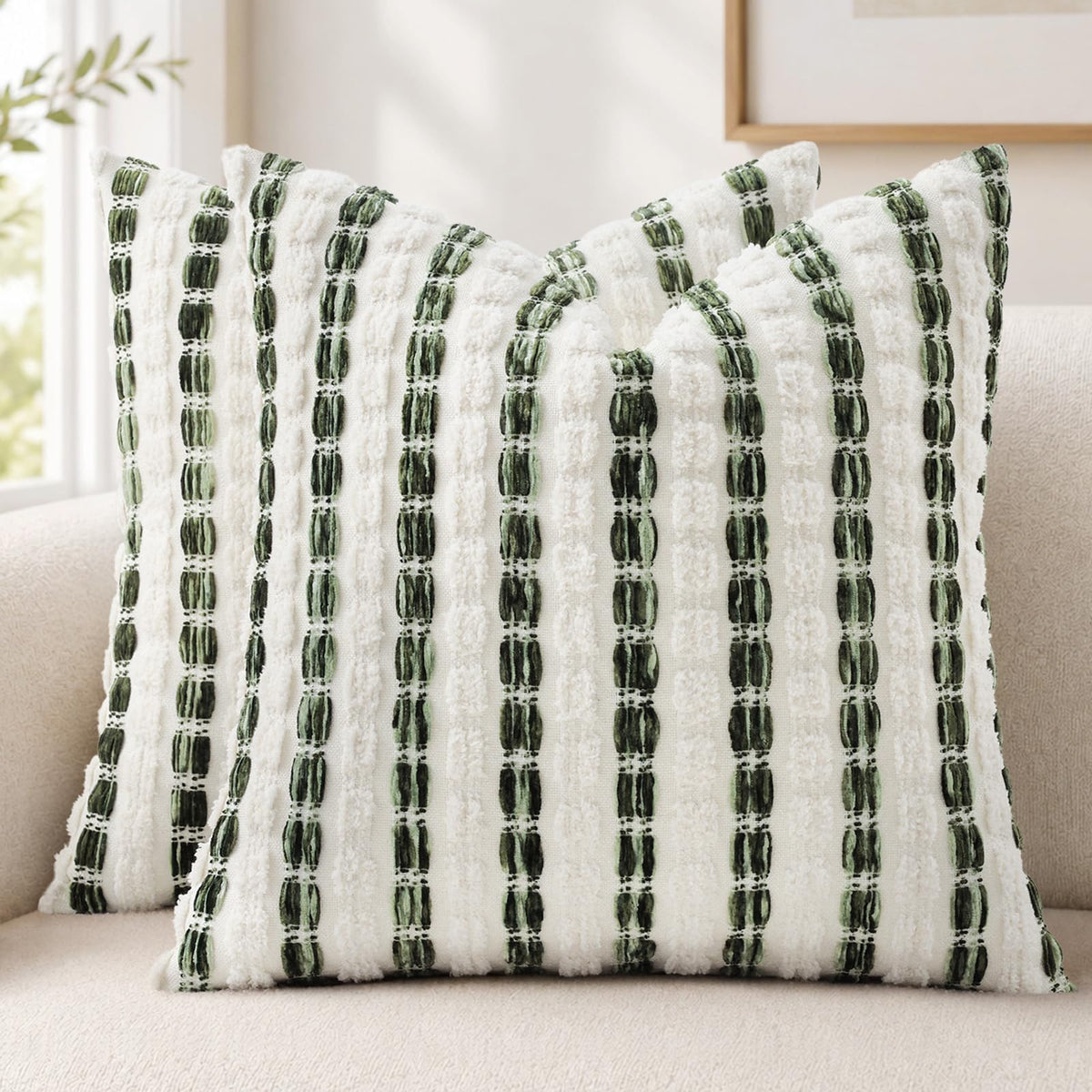 decorUhome Chenille Tufted Stripe Throw Pillow Covers 18x18 Set of 2 Green