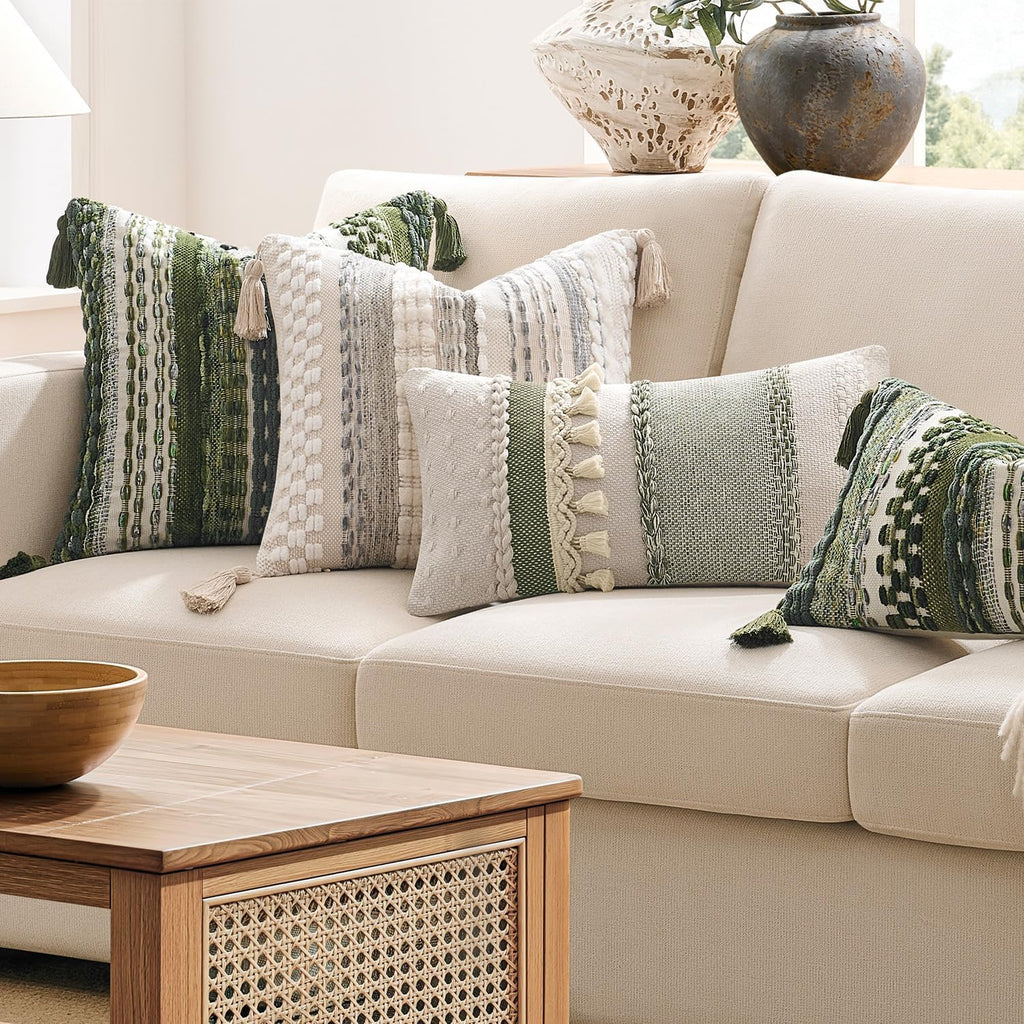 Kevin Textile Boho Tassel 12x20 Inch Lumbar Pillow Cover 1 Pack, Green