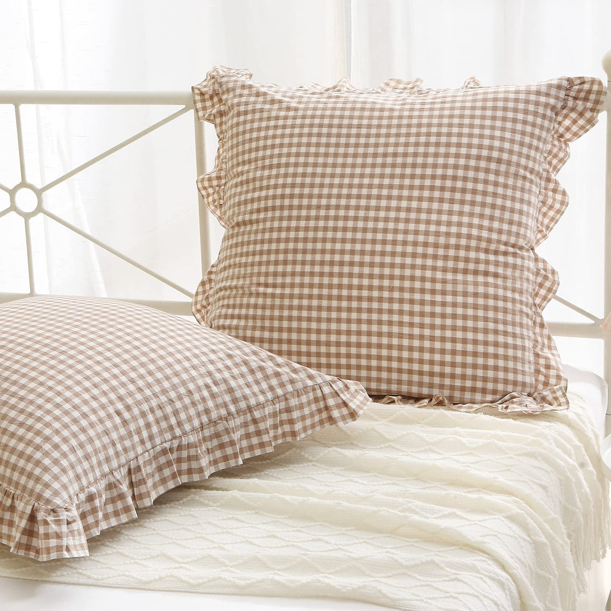 2 Pack Taupe White Gingham Ruffle Throw Pillow Covers 18''x18''