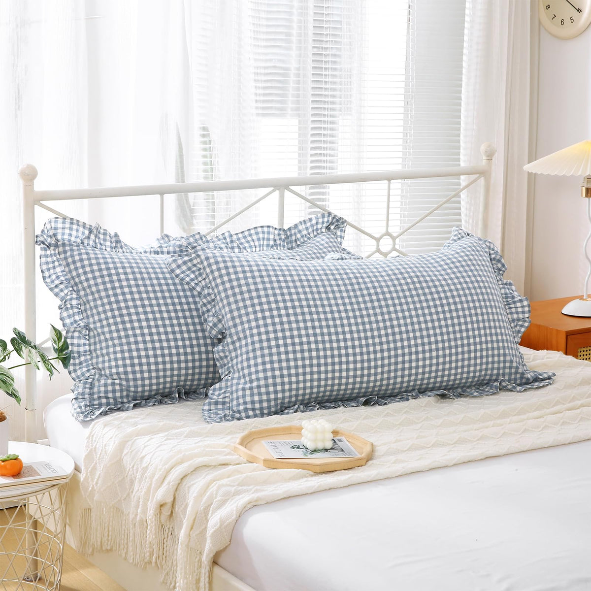 2 Pack Taupe White Gingham Ruffle Throw Pillow Covers 18''x18''