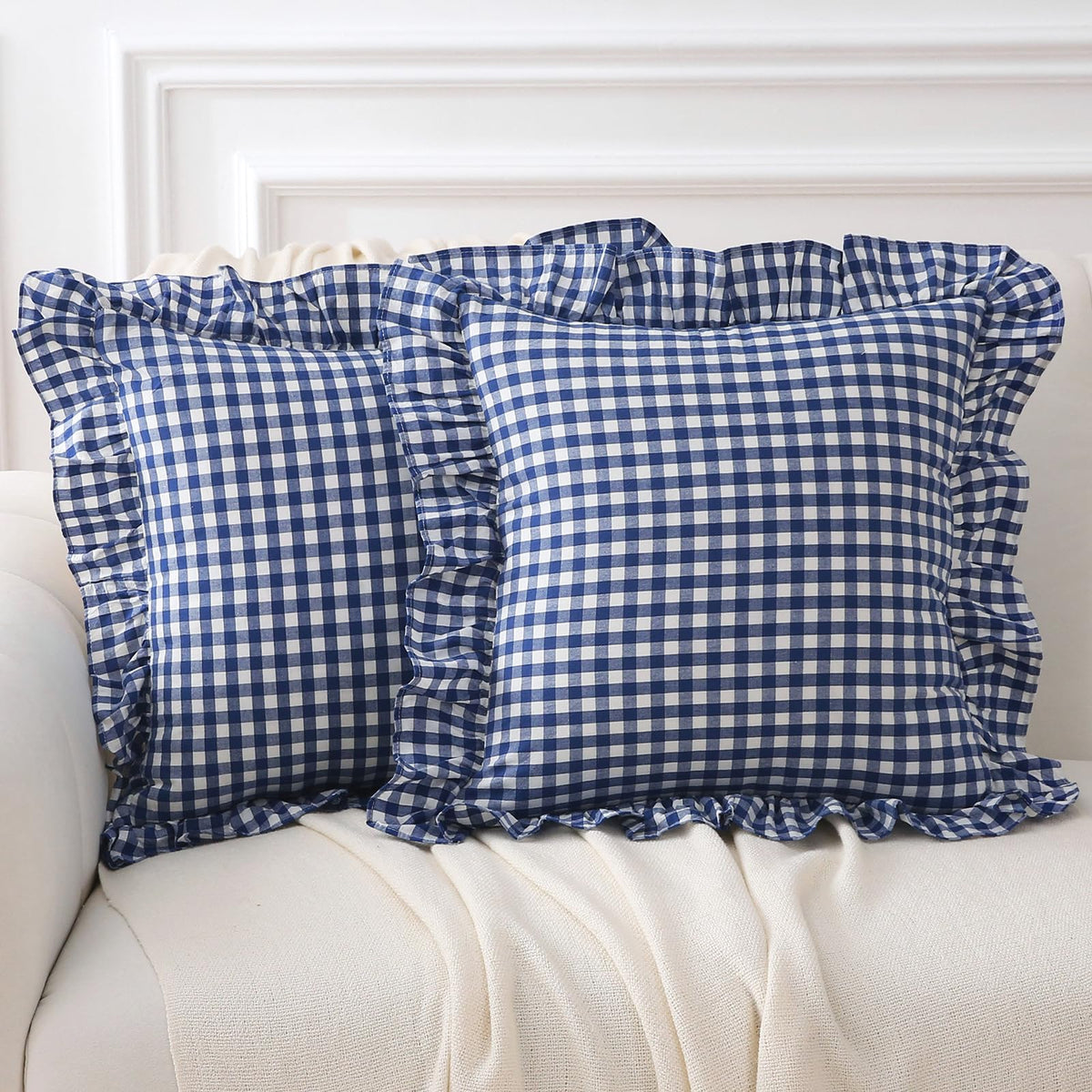 2 Pack Taupe White Gingham Ruffle Throw Pillow Covers 18''x18''