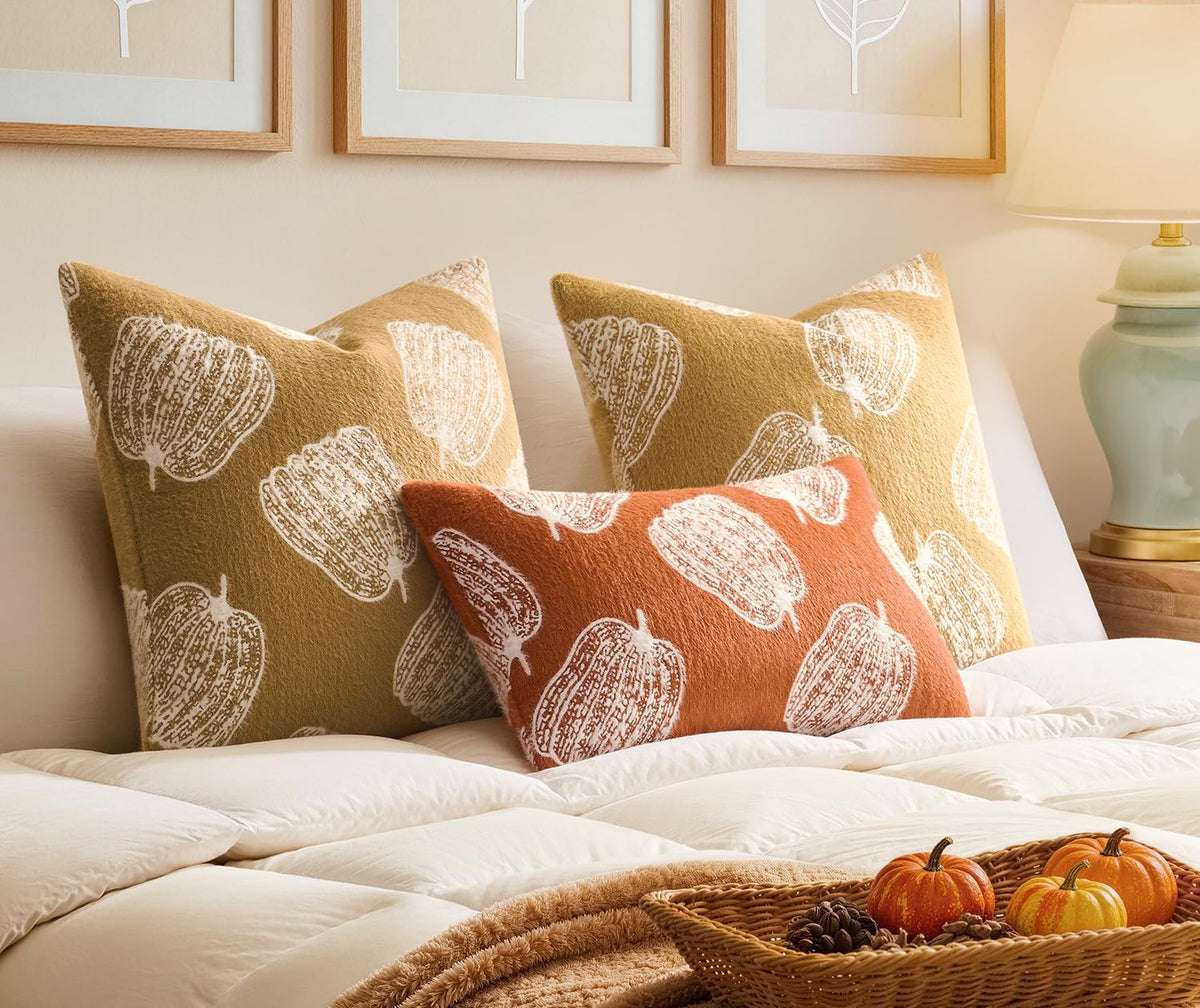 Throw Pillow Covers Set of 2 18x18 White Pumpkins Fall Camel Covers, Soft Faux Decorative Yellow Covers for Couch Sofa Bed Living Room, Farmhouse Home Boho Decor