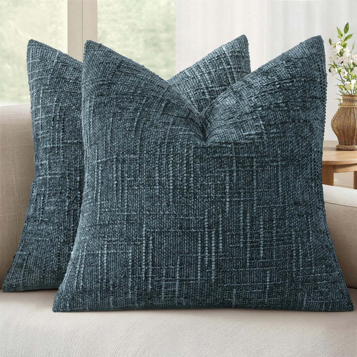 MIULEE Chenille Textured Throw Pillow Covers Cream White 18x18 Set of 2