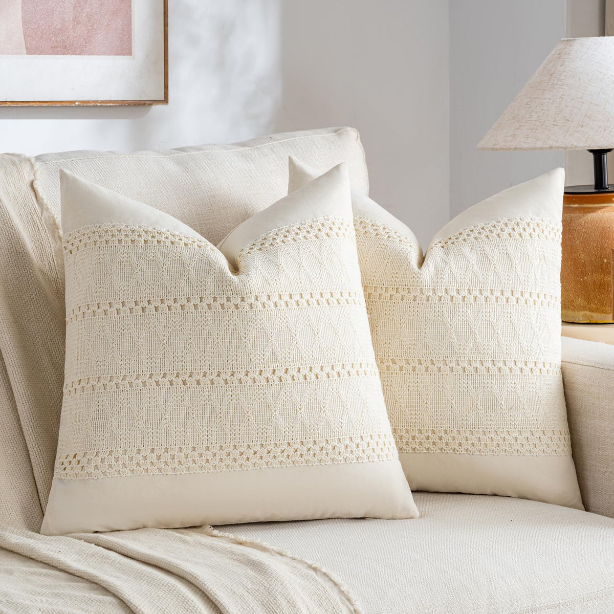 Fancy Homi Set of 2 Boho Olive Green Decorative Throw Pillow Cover 18x18 Inch for Couch Bed Sofa, Aesthetic Modern Organic Farmhouse Home Decor, Soft Cotton Cute Accent Macrame Woven Cushion Case