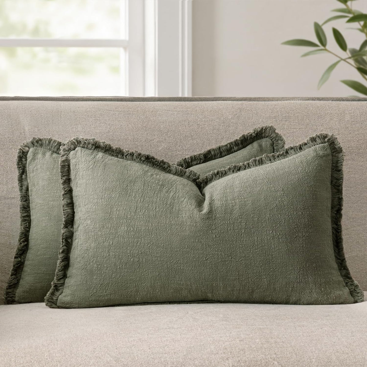 ANRODUO Decorative Linen Fringe Pillow Covers 18×18 Inch Sage Green 2 Pack