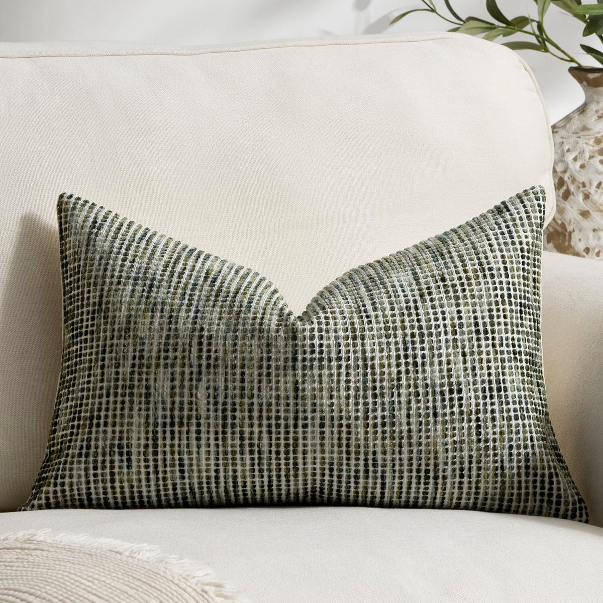Pack of 2 Neutral Throw Pillow Covers 18x18 Boho Textured Dots Stripe Chenille Square Decorative Pillow Cases Accents for Living Room Couch Bed Farmhouse Home Decor, Taupe