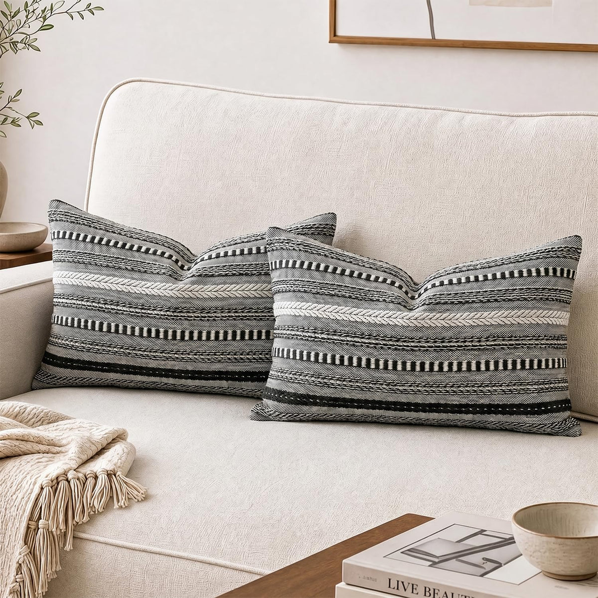 AVOIN colorlife Black Boho Decorative Throw Pillow Covers Set of 2, 18 x 18 Inch Woven Stripe Textured Rustic Cushion Case Home Decor for Living Room Couch Sofa