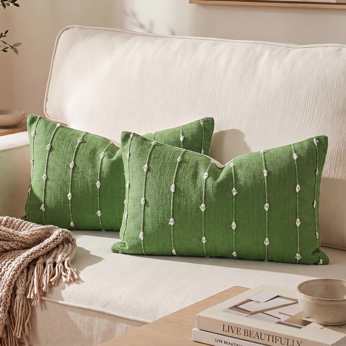 AVOIN colorlife Beige Black Boho Linen Throw Pillow Covers 18x18 Inch 2PC