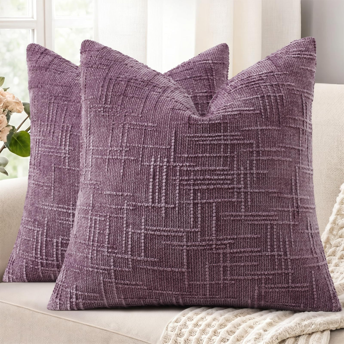decorUhome Textured Chenille Throw Pillow Covers 18x18 Set of 2 Ivory