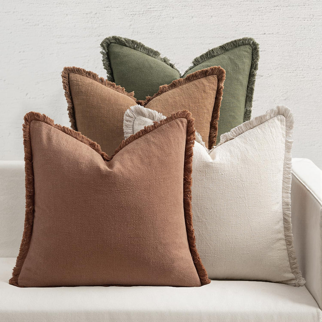 MIULEE Fall Linen Fringe Pillow Covers Set of 4 18x18 Beige/Brown/Green