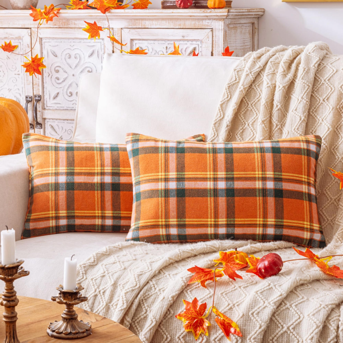 AQOTHES Fall Plaid Orange Throw Pillow Covers 18x18 Inch Set of 2