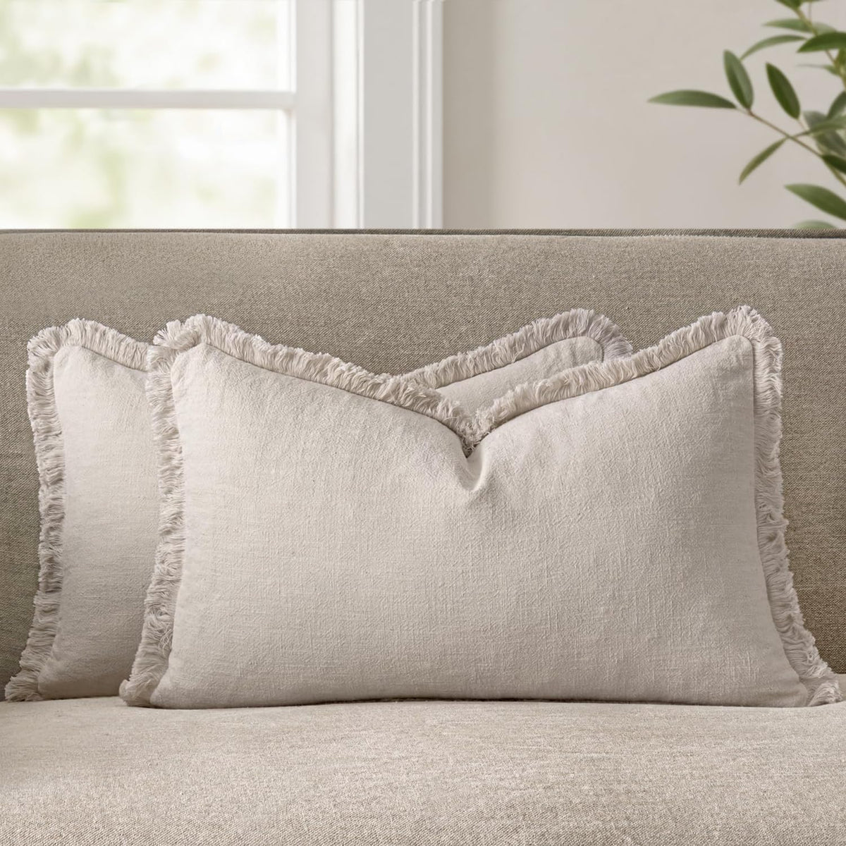 ANRODUO Decorative Linen Fringe Pillow Covers 18×18 Inch Sage Green 2 Pack