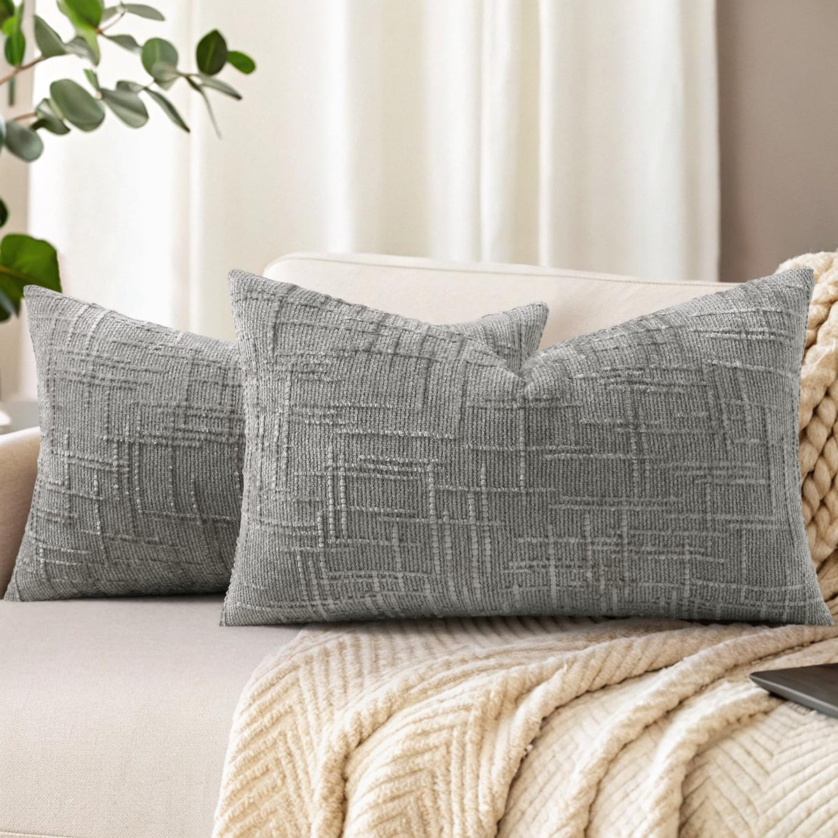 decorUhome Textured Chenille Throw Pillow Covers 18x18 Set of 2 Ivory
