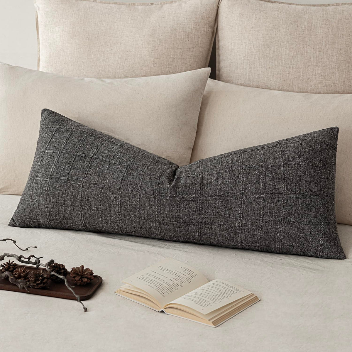Foindtower Set of 1 Decorative Linen Check Throw Pillow Cover Neutral Farmhouse Lumbar Cushion Cover Modern Boho Home Decor for Sofa Chair Couch Bedroom Living Room,12×20 Inch,Olive Green
