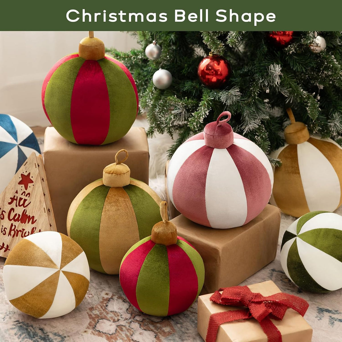 Ashler Merry Christmas Bell-Shaped Pillow, 8.5x8.5 Inch Velvet Hangable Decorative Holiday Pillow for Xmas Tree, Couch, Living Room, Bed, Pink
