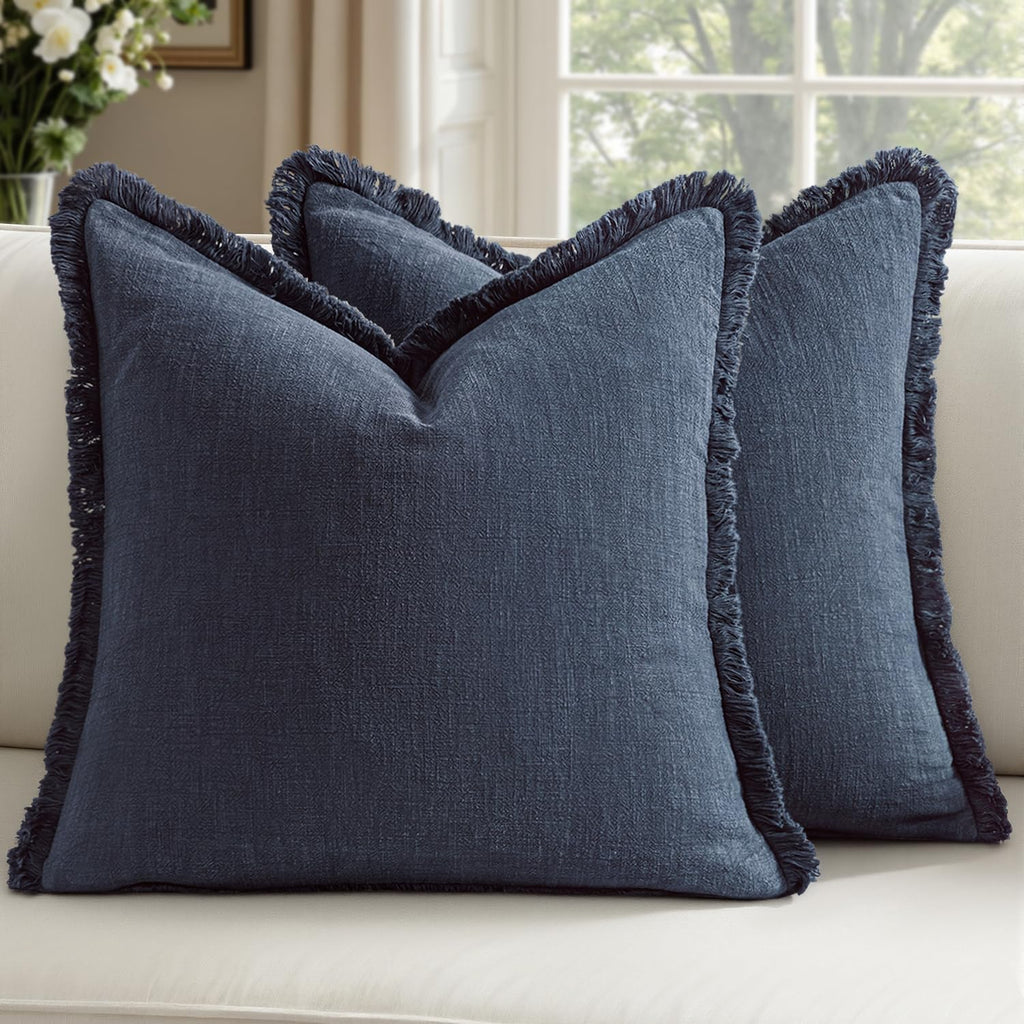 Linen Fringe Throw Pillow Covers 20x20 Inch Set of 2,Navy Blue