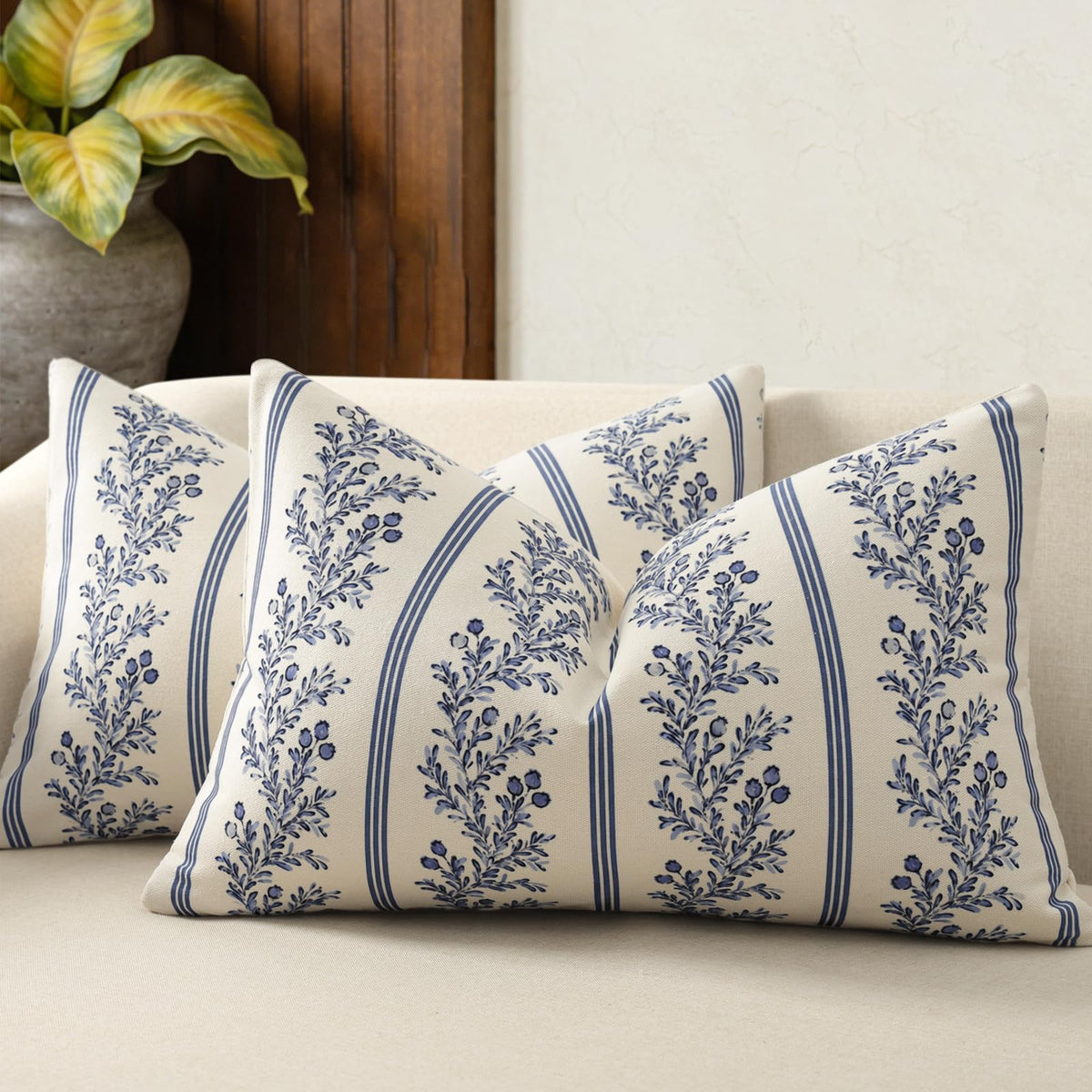 Vintage Throw Pillow Covers 20x20 Set of 2, Striped Floral Pillow Cover Botanical Patterned Decorative Cushion Covers Modern Farmhouse Home Decor for Sofa Couch Bed Living Room, Light Blue