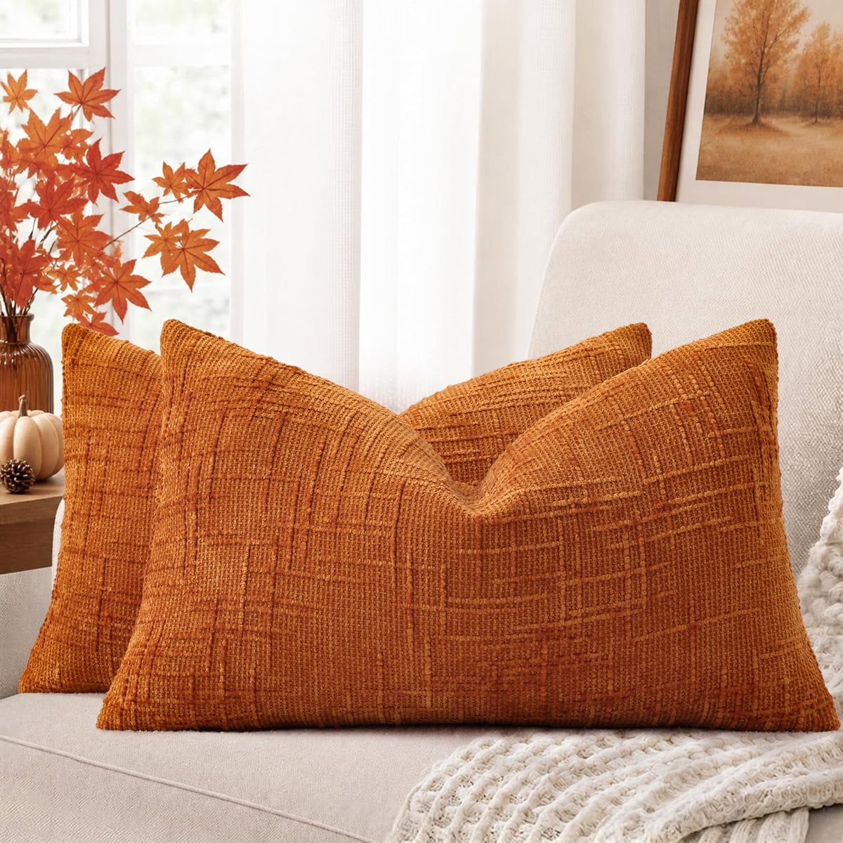 decorUhome Textured Chenille Throw Pillow Covers 18x18 Set of 2 Ivory