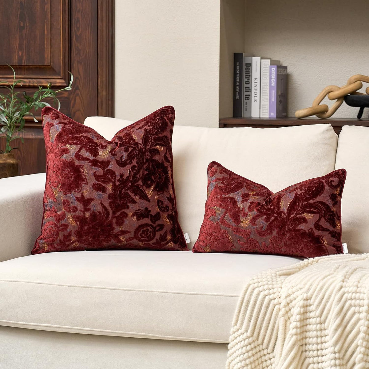 Alerfa Burgundy Neutral Floral Pillow Cover 18 x 18 Inch, Vintage Cut Velvet Square Couch Throw Pillow Cover Soft Decorative Farmhouse Accent Pillowcase for Living Room Bedroom