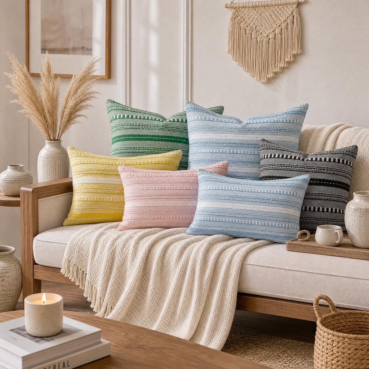 AVOIN colorlife Black Boho Decorative Throw Pillow Covers Set of 2, 18 x 18 Inch Woven Stripe Textured Rustic Cushion Case Home Decor for Living Room Couch Sofa