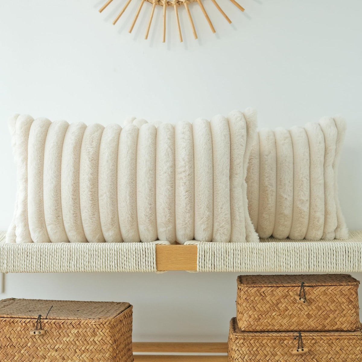 JOJUSIS Faux Fur Plush Throw Pillow Covers, Beige, 24 x 24-Inch