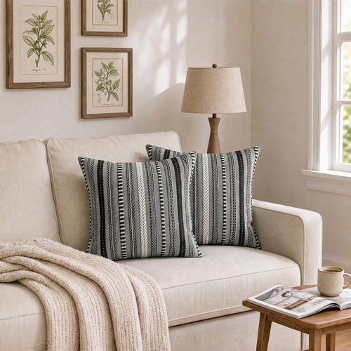 AVOIN colorlife Black Boho Decorative Throw Pillow Covers Set of 2, 18 x 18 Inch Woven Stripe Textured Rustic Cushion Case Home Decor for Living Room Couch Sofa