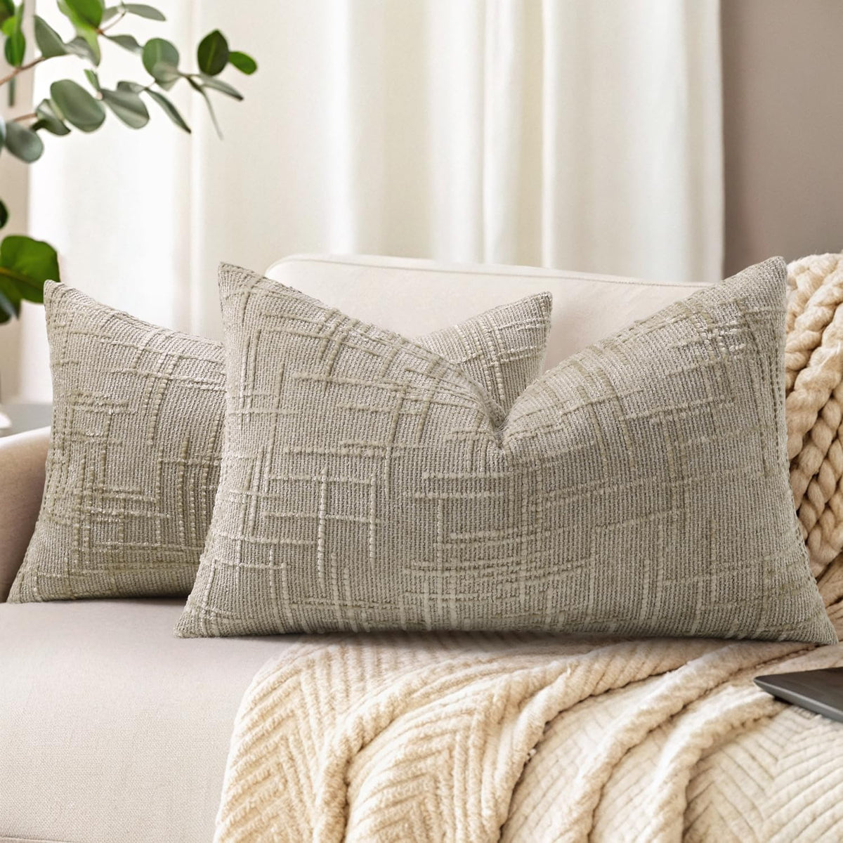 decorUhome Textured Chenille Throw Pillow Covers 18x18 Set of 2 Ivory