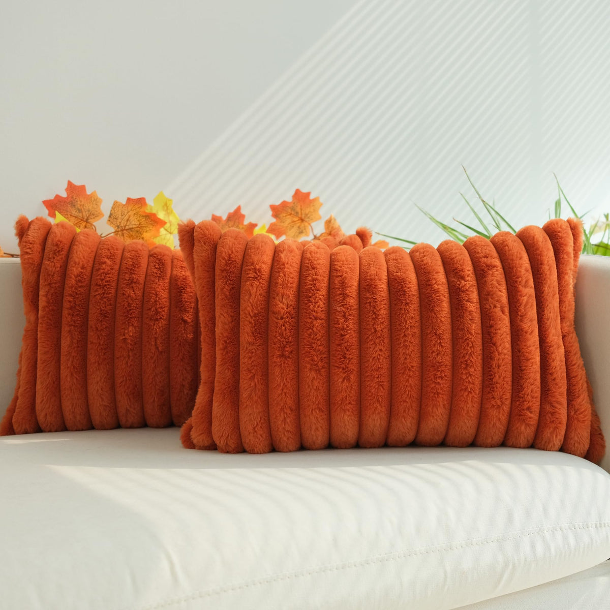 JOJUSIS Faux Fur Plush Throw Pillow Covers, Beige, 24 x 24-Inch